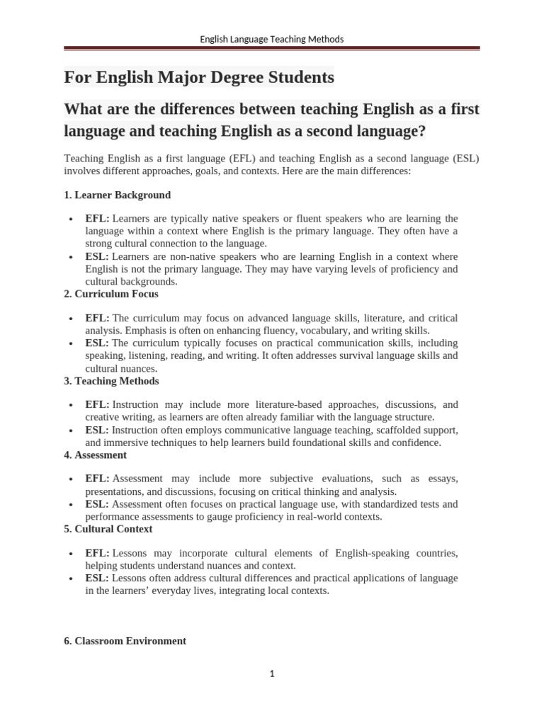 ESL vs EFL: Key Teaching Differences | PDF | English As A Second Or ...