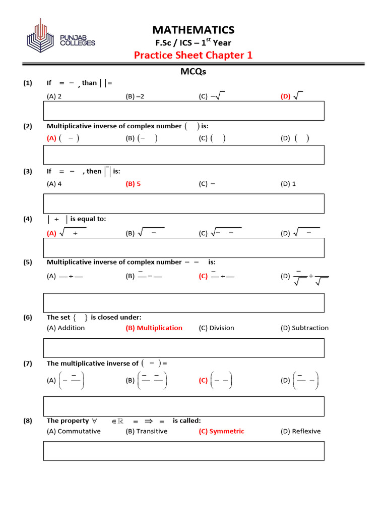 Math Practice Sheet P-1-Ch.1 | PDF | Complex Number | Numbers