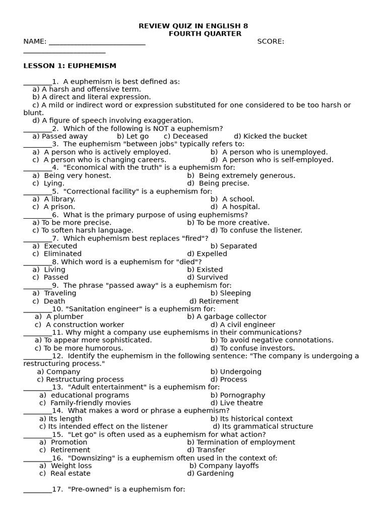 English 8 Review Quiz: Euphemism & Language | PDF | Grammatical Gender ...
