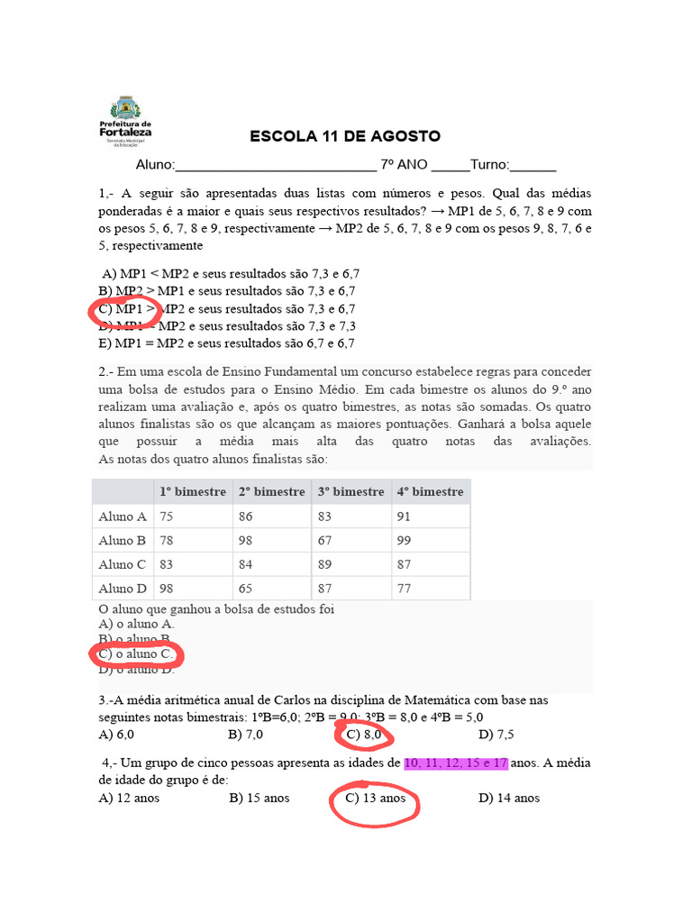 Exercícios de Média Aritmética e Ponderada | PDF