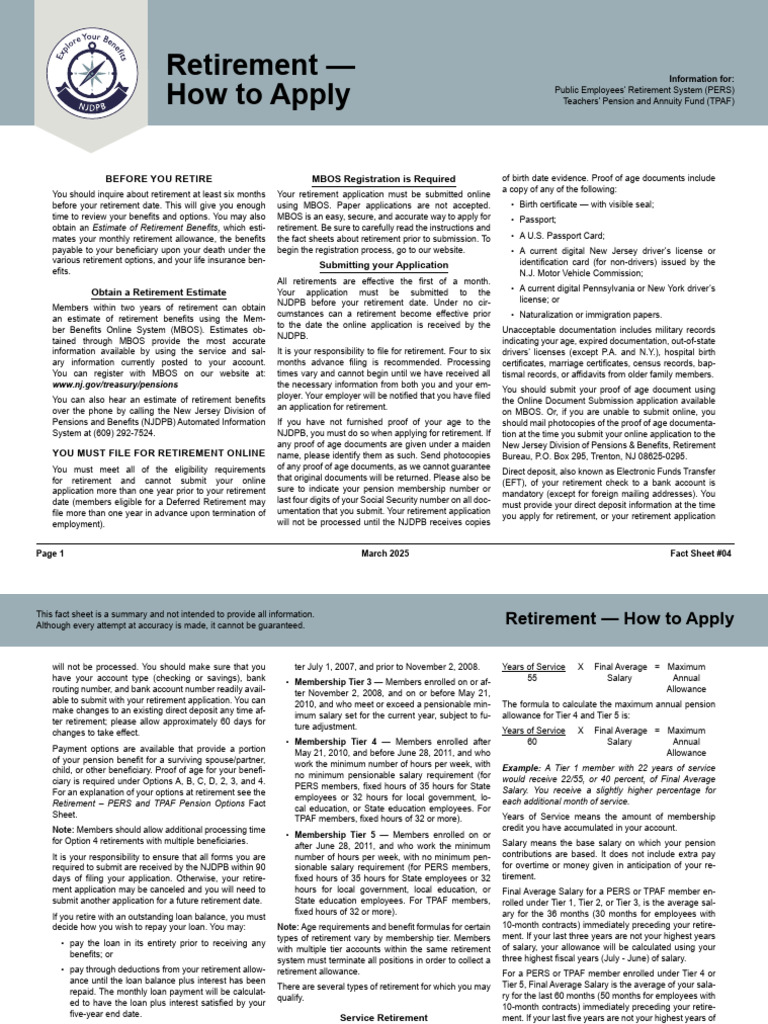 Retirement Application Guide for PERS/TPAF | PDF | Life Insurance | Pension