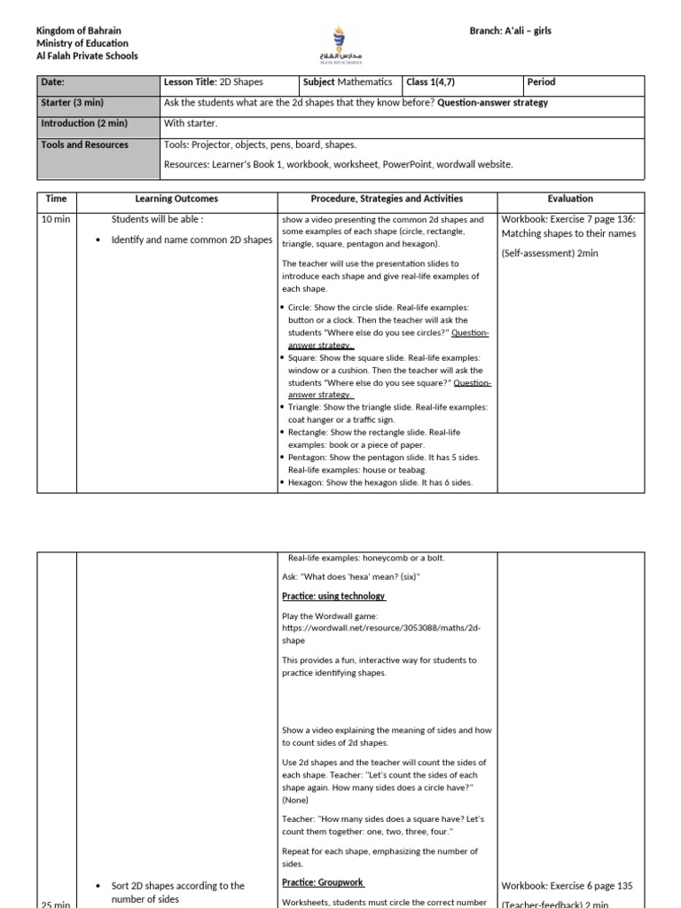 2d Shapes 2 Lesson Plan | PDF | Shape | Skill