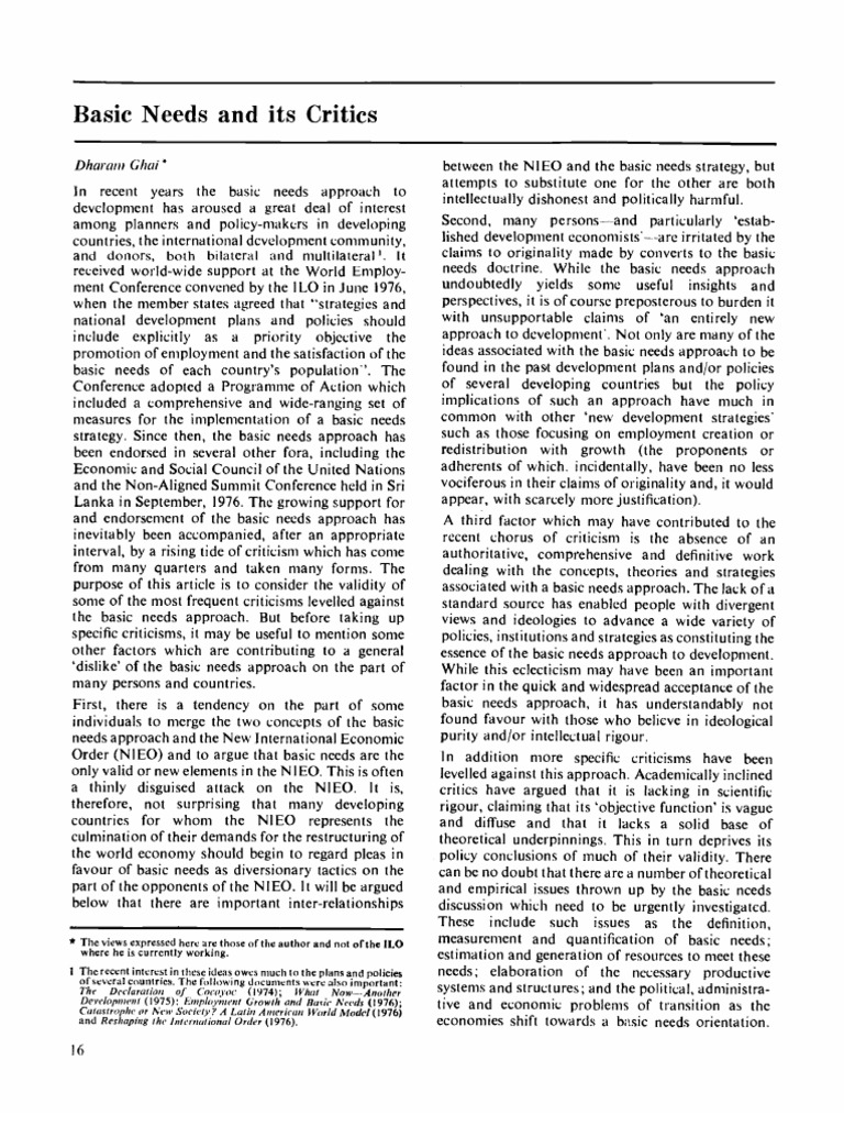 Critique of the Basic Needs Approach | PDF | Goods | Basic Needs