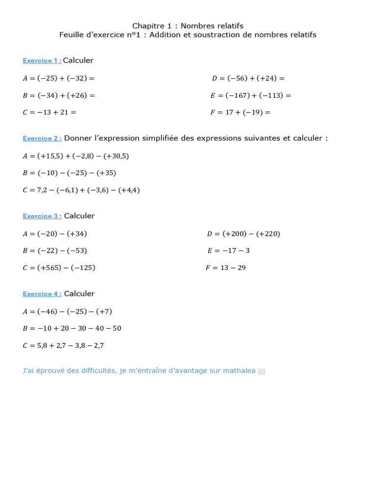Exercices corrigés sur nombres relatifs | PDF