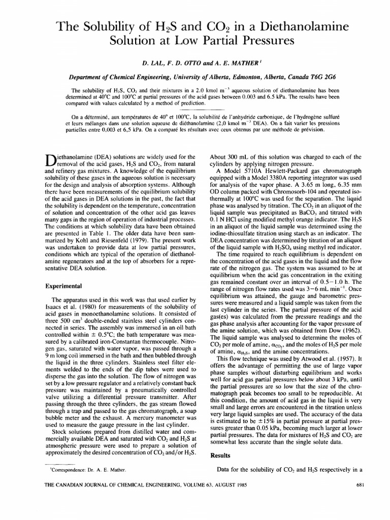 H2S and CO2 Solubility in DEA Solutions | PDF | Solubility | Gases