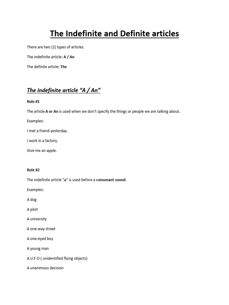 The Indefinite And Definite Articles Rules Pdf