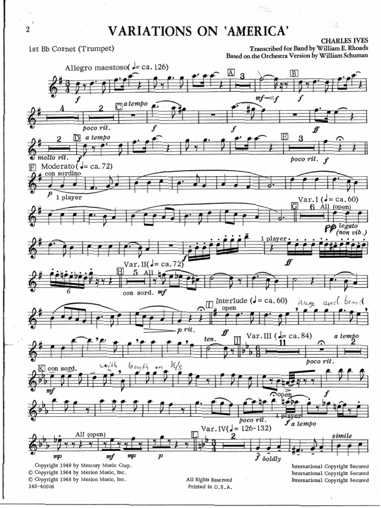 Ives - Variations On America - Brass Parts | PDF | Rhythm And Meter ...