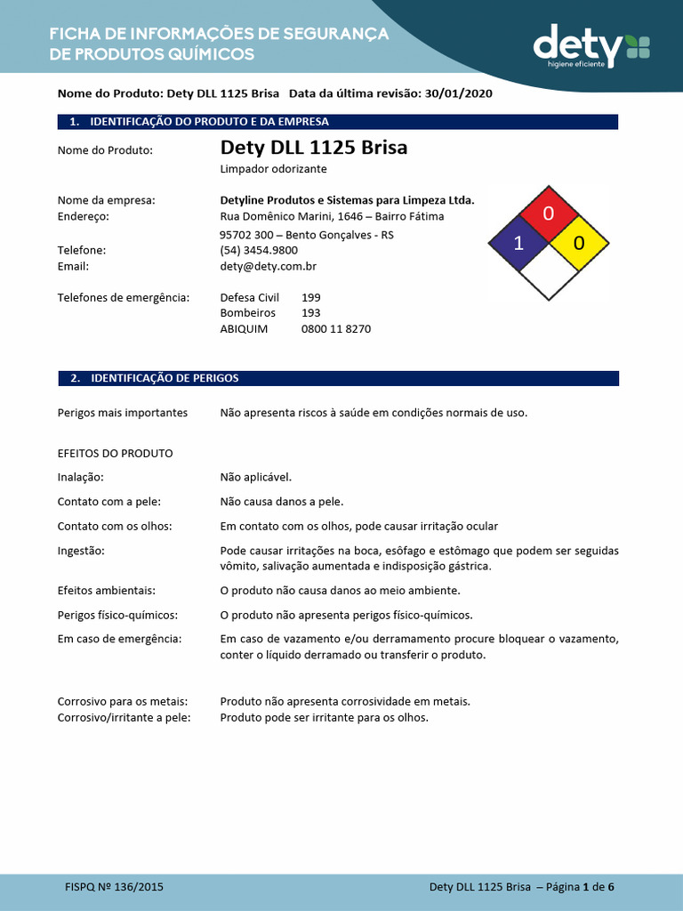 Dety DLL 1125 Brisa: FISPQ e Segurança | PDF | Incêndios | Desperdício
