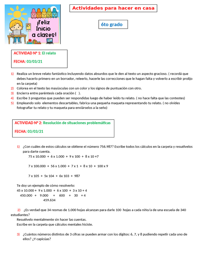 Actividades Creativas y Matemáticas 6to Grado | PDF