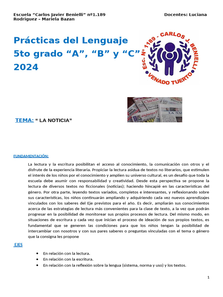 Prácticas Del Lenguaje QUINTO 2024 Corregida | PDF | Enseñando | Escuelas