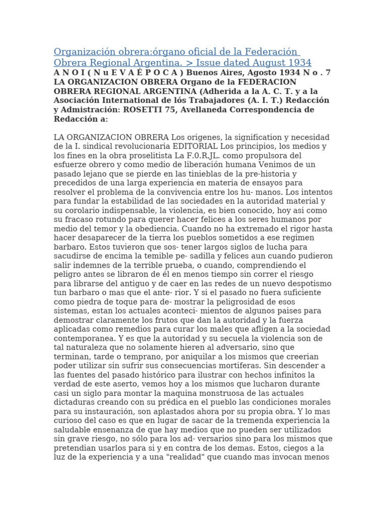 Organización Obrera Agosto 1934 | PDF