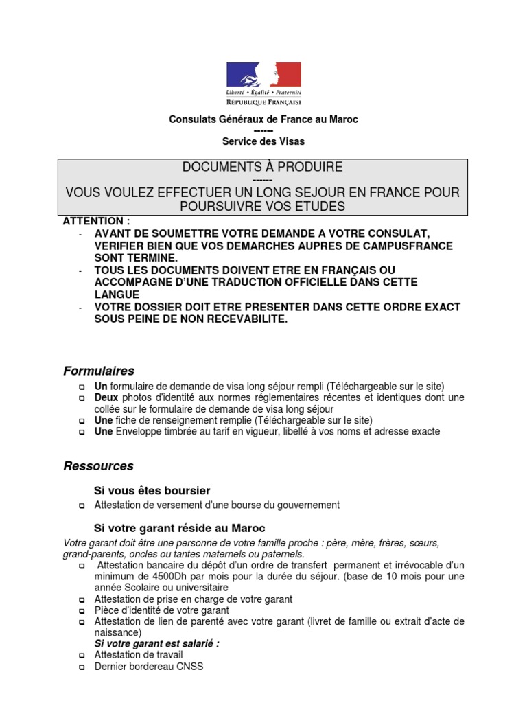 Pièces à fournir Visa Etudiant Long Sejour (MAROC)
