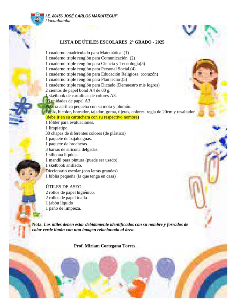 Útiles Escolares 2° Grado 2025 Llacuabamba | PDF