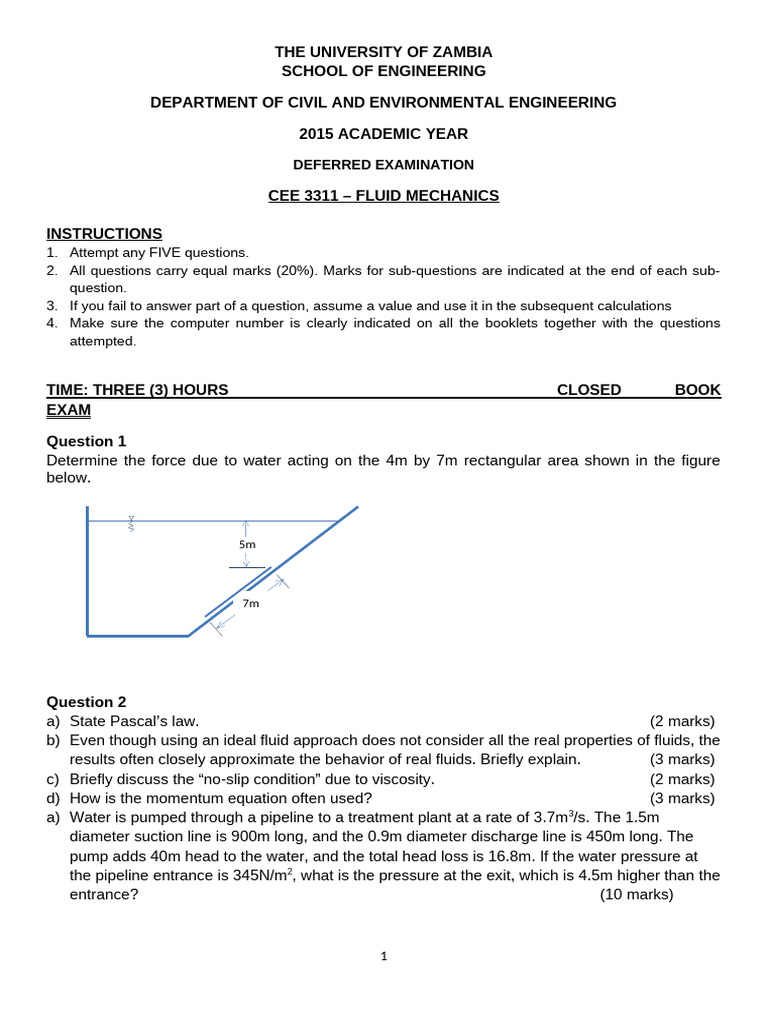 UNZA CEE 3311 Fluid Mechanics Exam | PDF | Pressure | Force