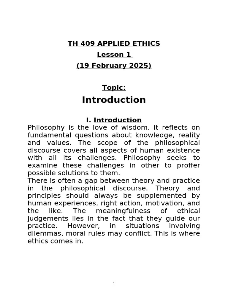 Lesson 1 - Introduction To Applied Ethics - 19 March 2025-Notes | PDF ...