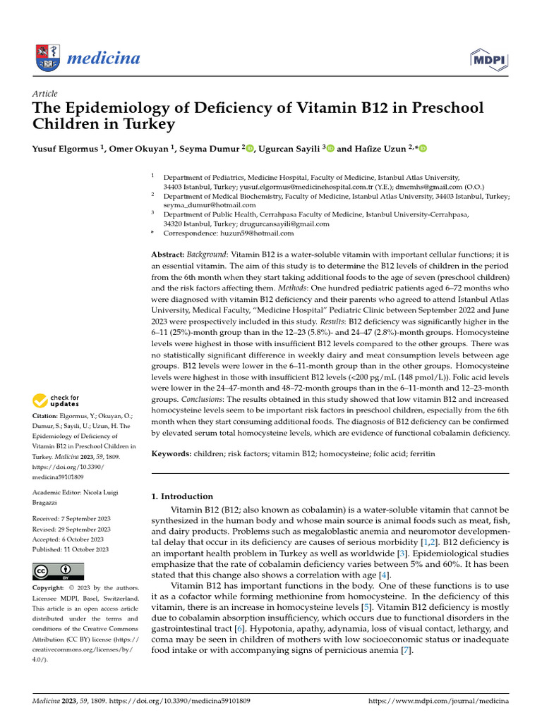 The Epidemiology of Deficiency of Vitamin B12 in Preschool Revue | PDF ...