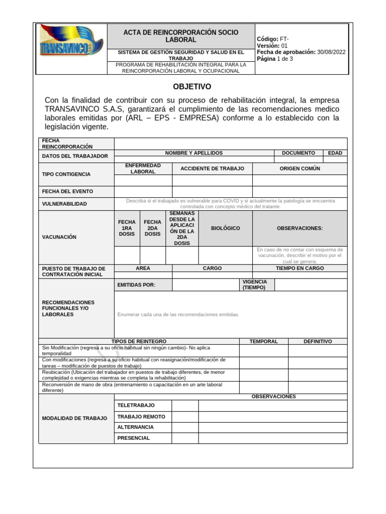 Acta de Reincorporación Laboral | PDF