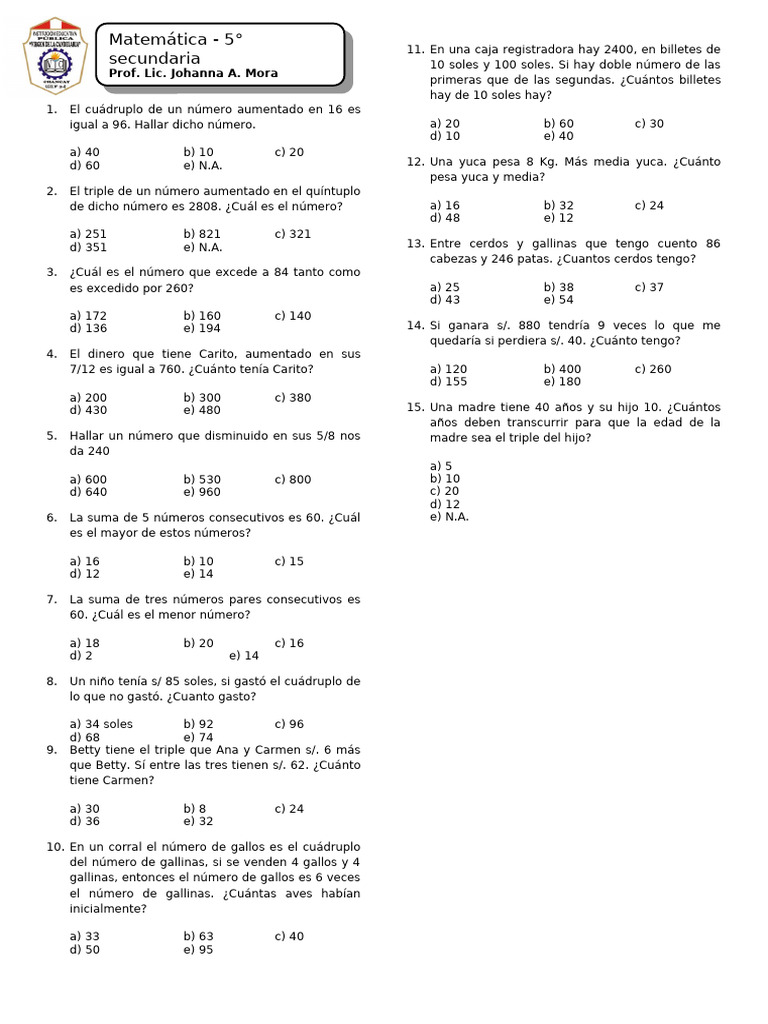 Problemas de Matemáticas para 5° Secundaria | PDF