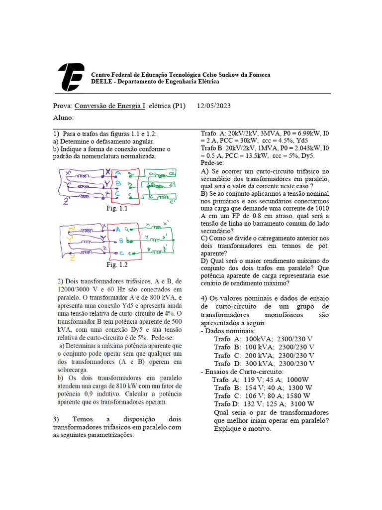 p1 Elétrica Conv1 12maio2023 | PDF | Transformador | Quantidade