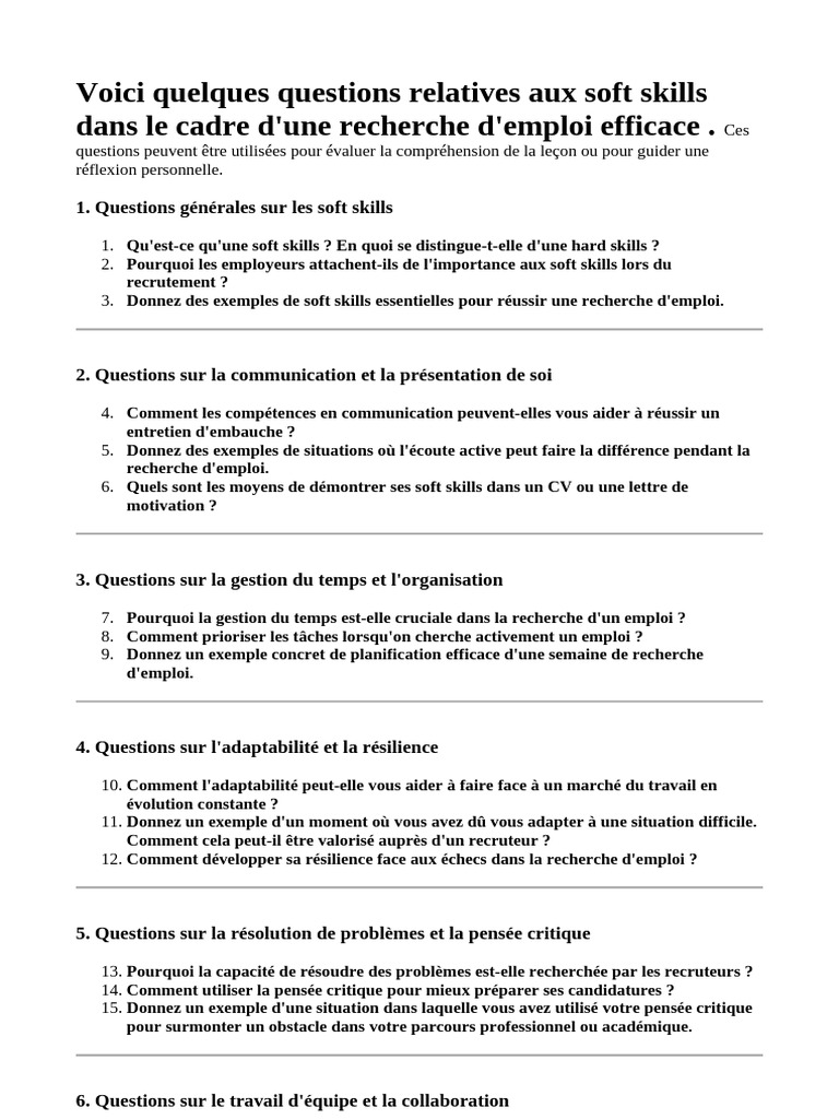 Questions clés sur les soft skills en emploi | PDF | Entretien d ...