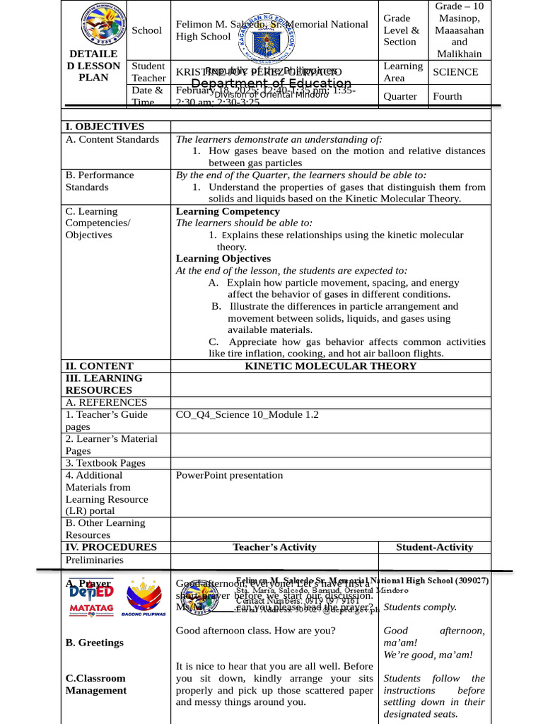 Grade 10 Science Lesson Plan on Gases | PDF | Gases | Learning