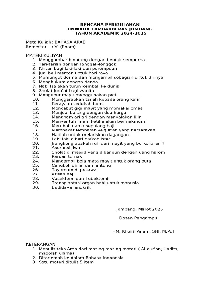 Rencana Perkuliahan Bahasa Arab 2024-2025 | PDF