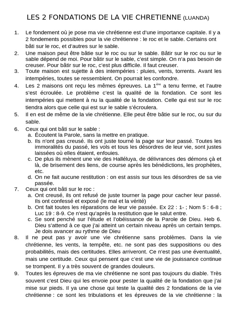 Fondations de la Vie Chrétienne : Roc ou Sable ? | PDF