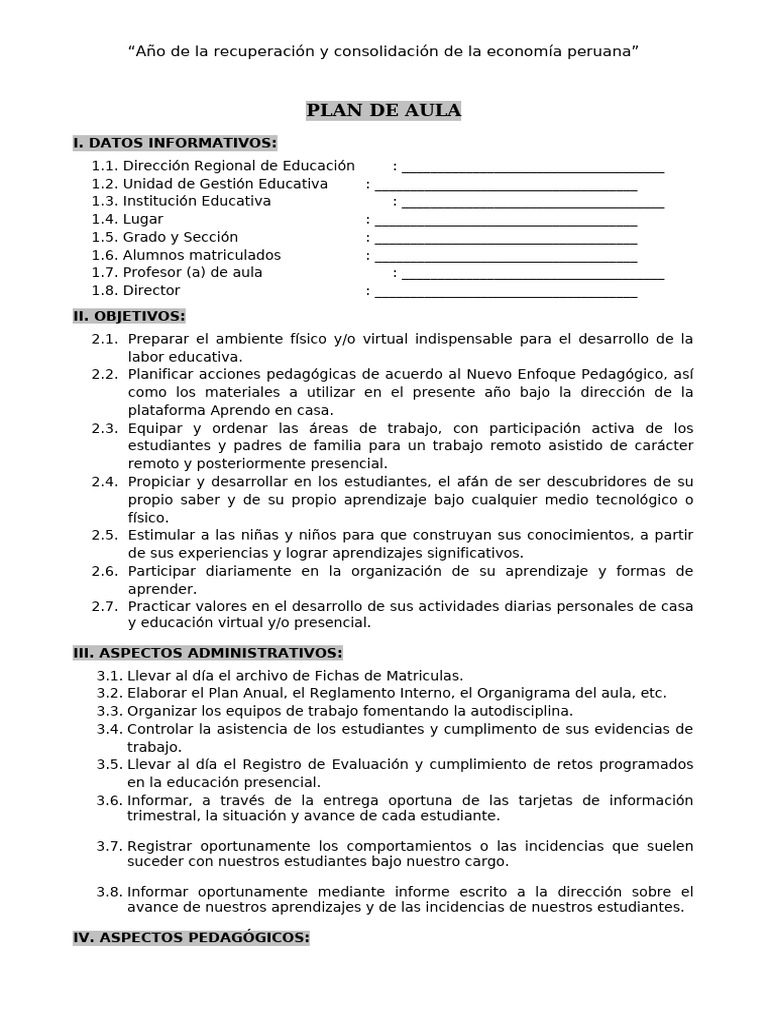 Plan de Aula para Educación en Perú | PDF | Salón de clases | Aprendizaje