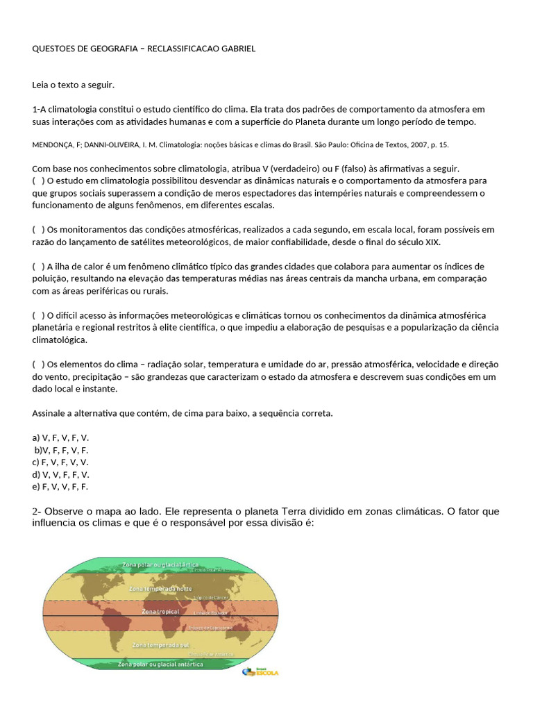Questões de Climatologia e Massas de Ar | PDF | Clima | Climatologia