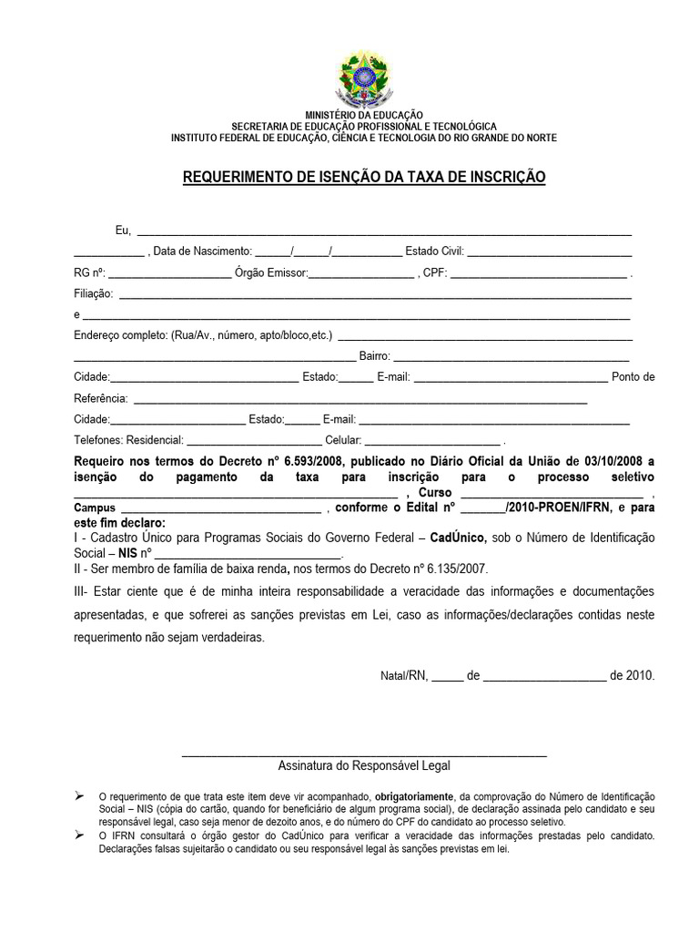Isenção da Taxa de Inscrição IFRN | PDF