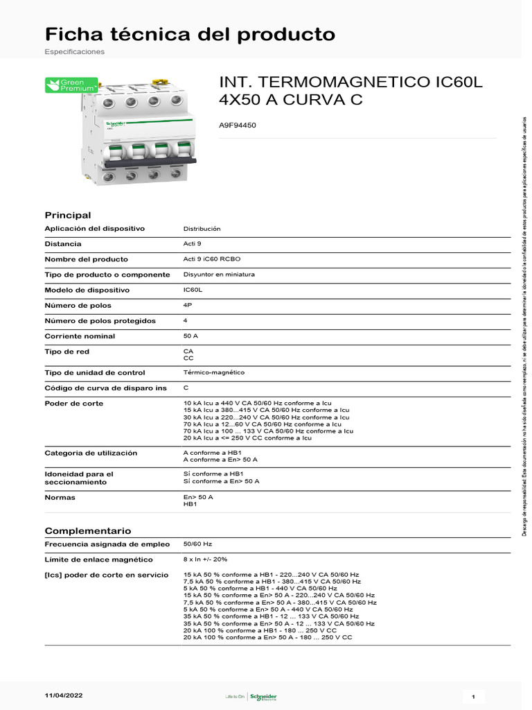 Disyuntor Acti 9 iC60 RCBO 4P 50A | PDF