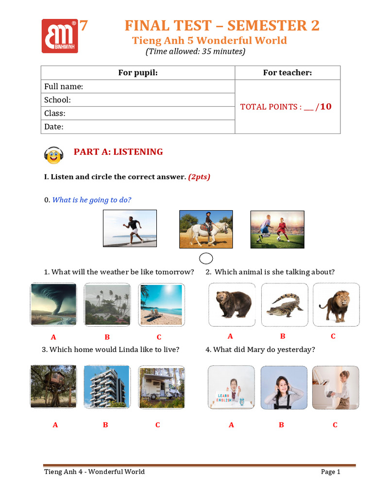 Final Test for Tieng Anh 4 | PDF | Zoology