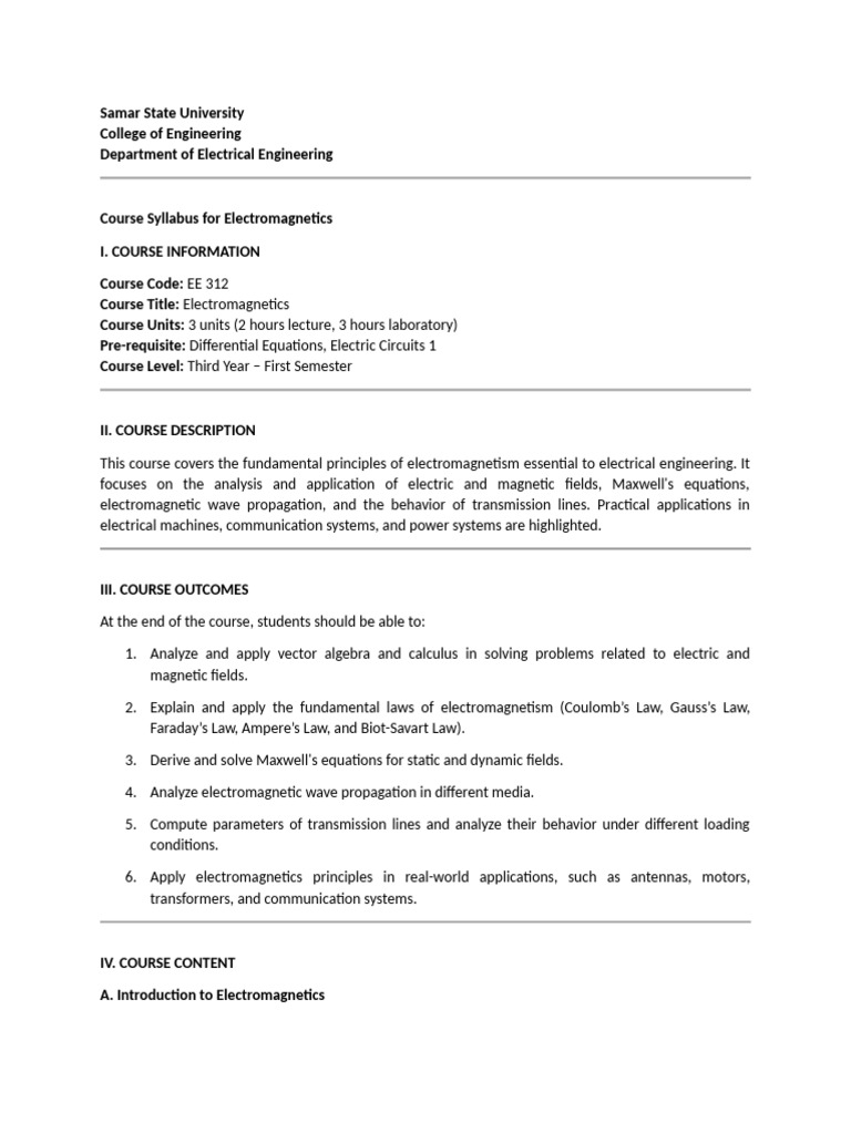 Electromagnetics Course Syllabus | PDF | Magnetic Field | Maxwell's ...