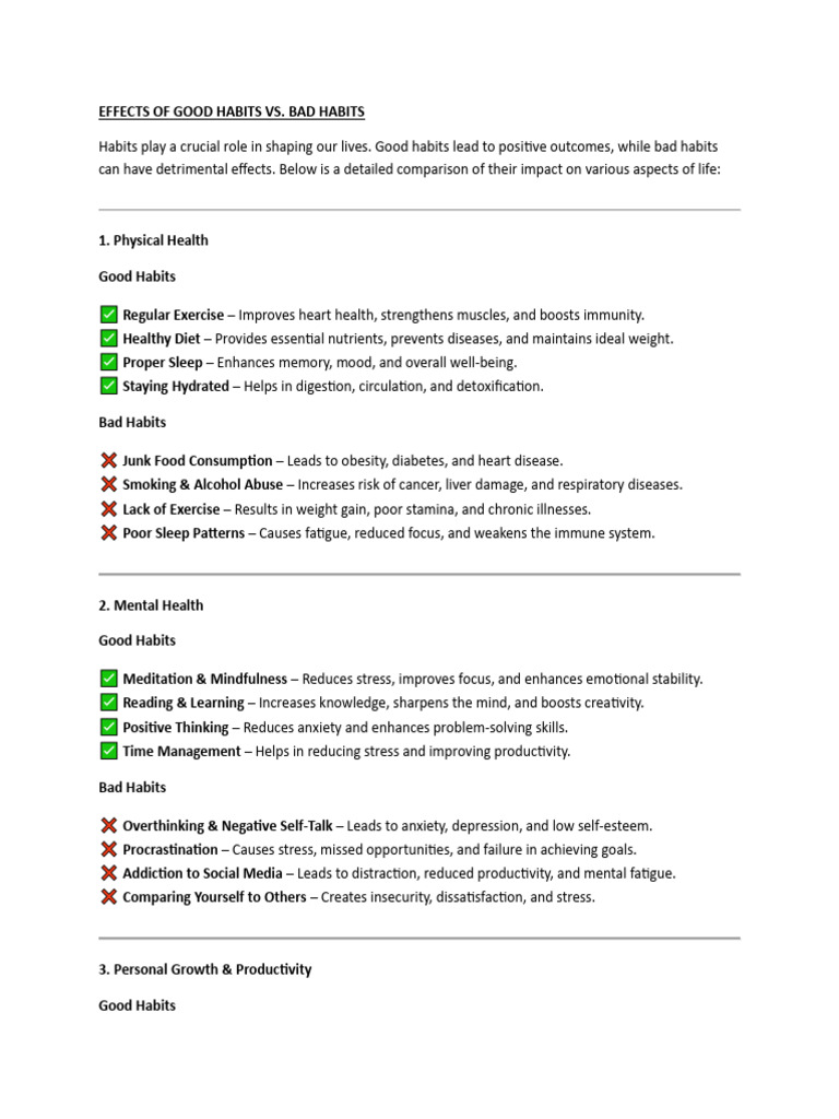 Effects of Good Habits vs. Bad Habits | PDF | Psychology | Determinants ...
