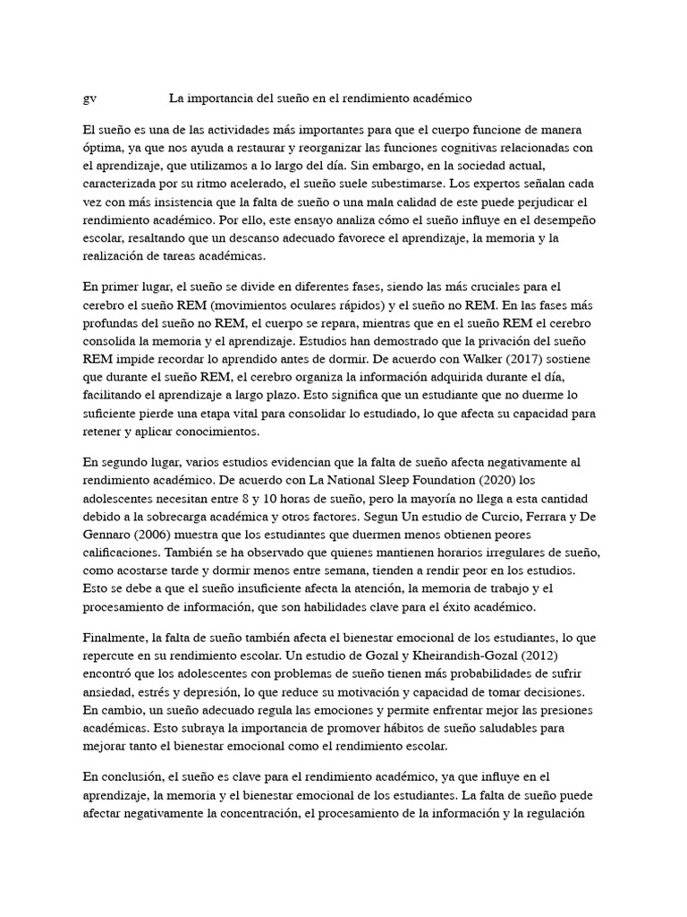 Sueño y rendimiento académico: clave del éxito | PDF | Dormir ...