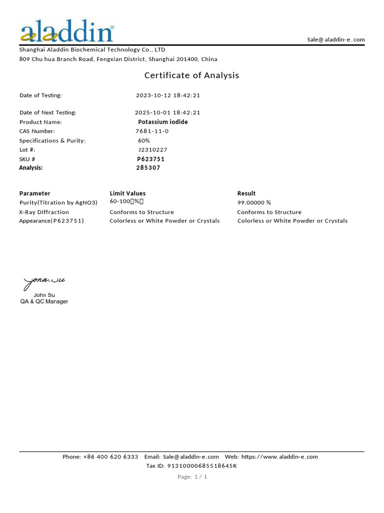 Potassium Iodide Lot Analysis Report | PDF