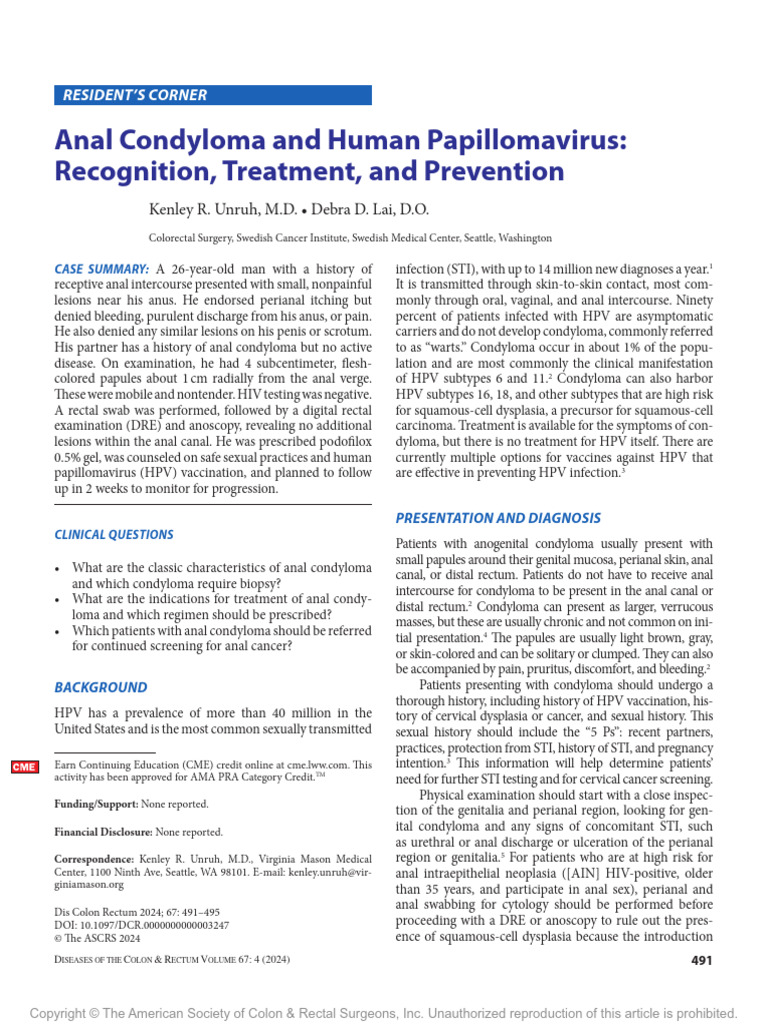 Anal Condyloma and Human Papillomavirus: Recognition, Treatment, and ...