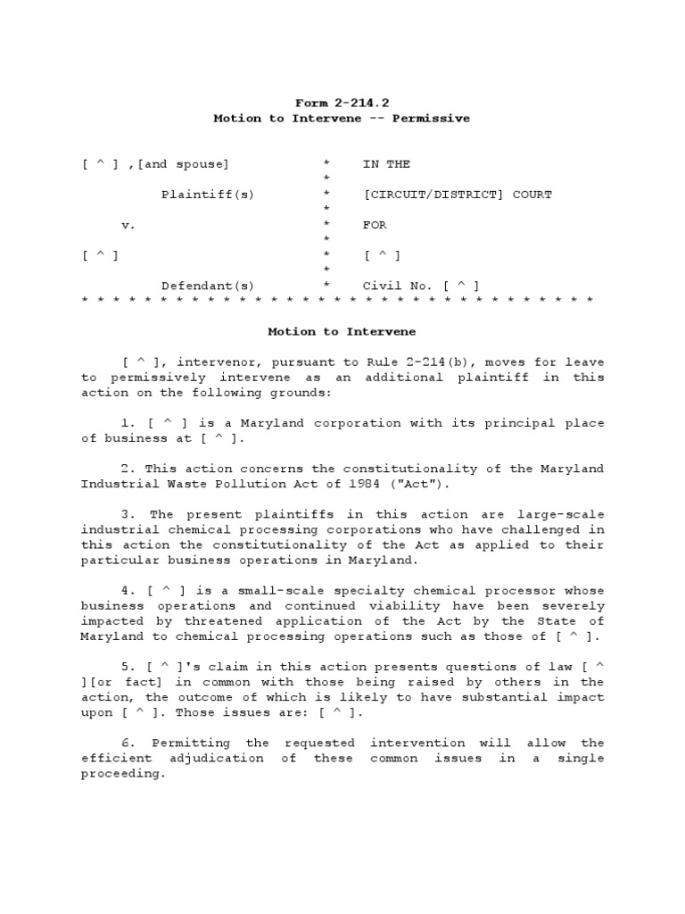 Motion to Intervene Under MD Rule 2-214 | PDF