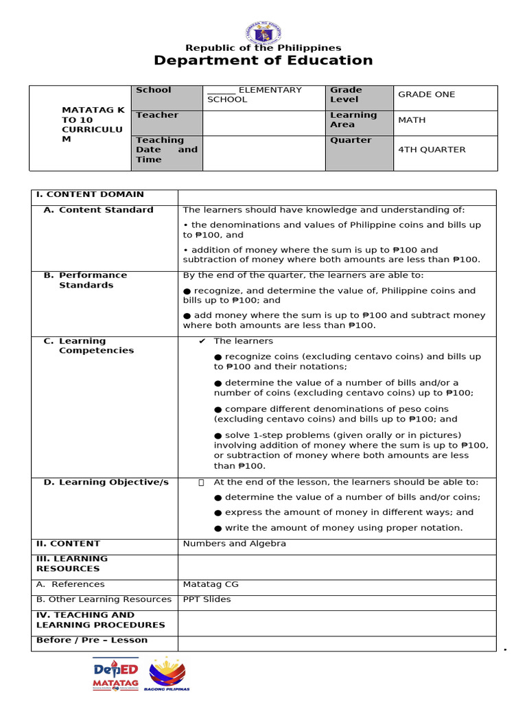 Annotated Grade 1 Math Lesson Plan | PDF | Learning | Coins