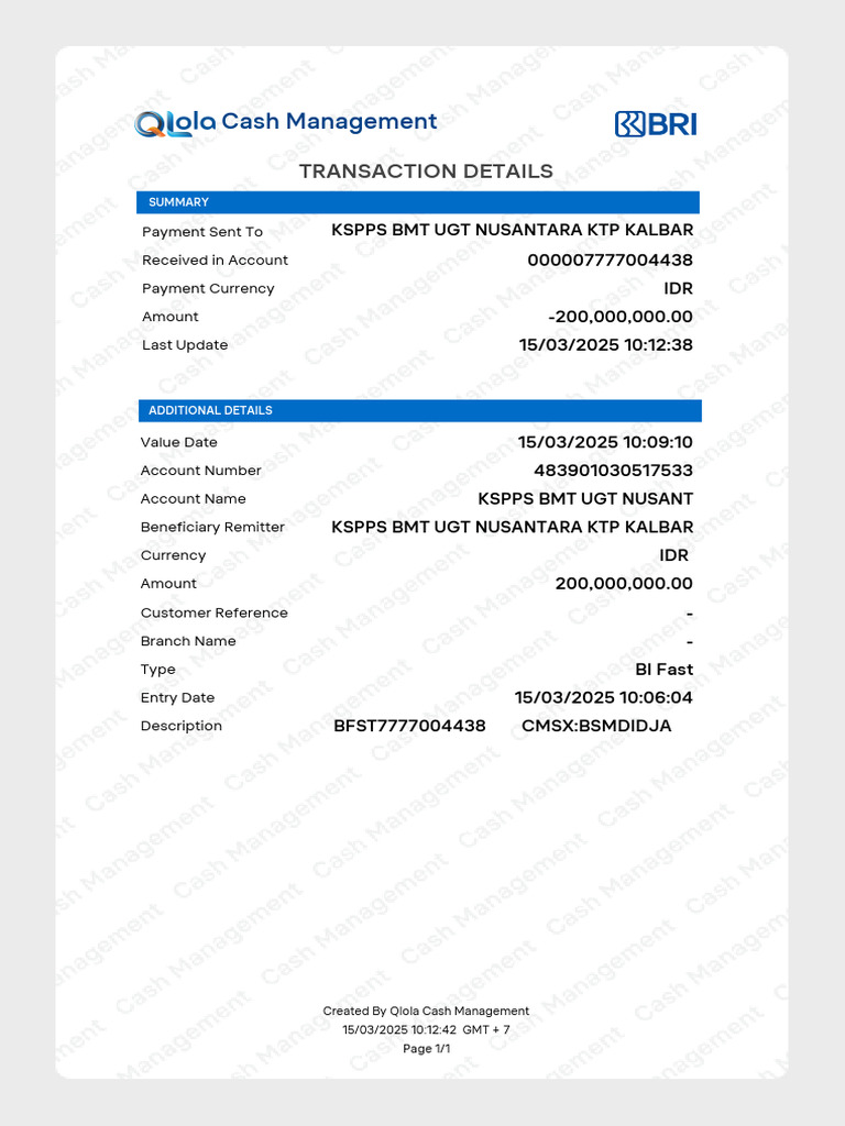 Cash Management Transaction Summary Pdf