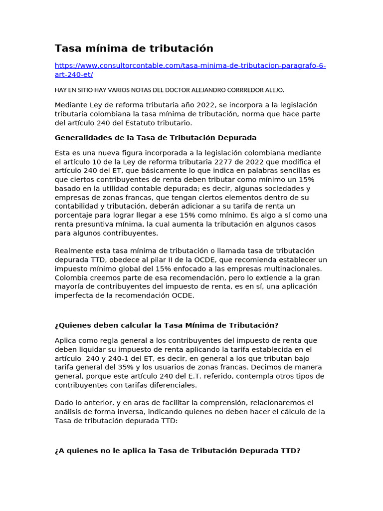 Tasa Mínima de Tributación en Colombia | PDF | Impuestos | Contabilidad