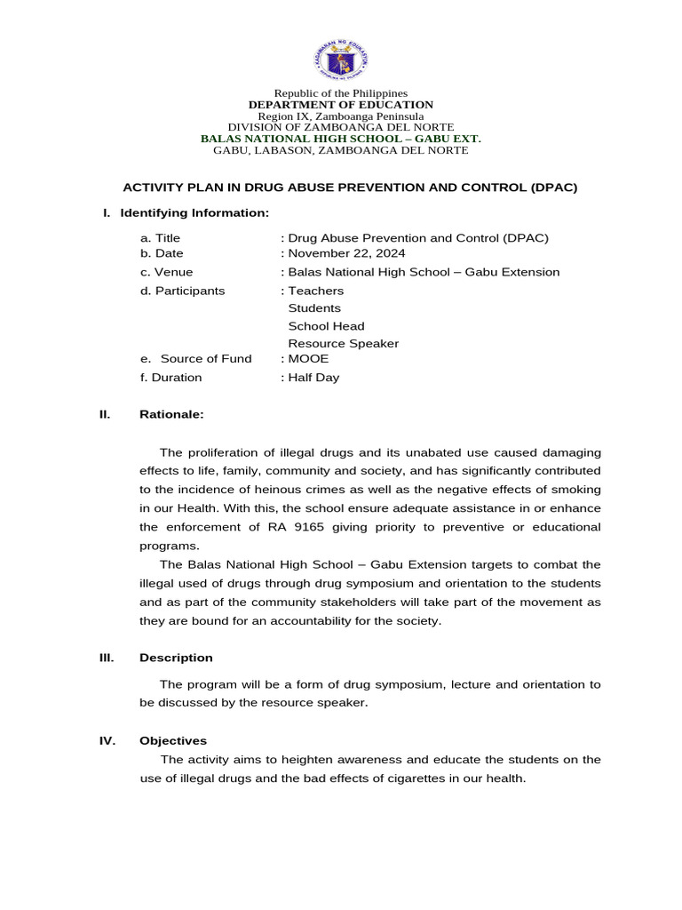 Drug Abuse Prevention Activity Plan | PDF