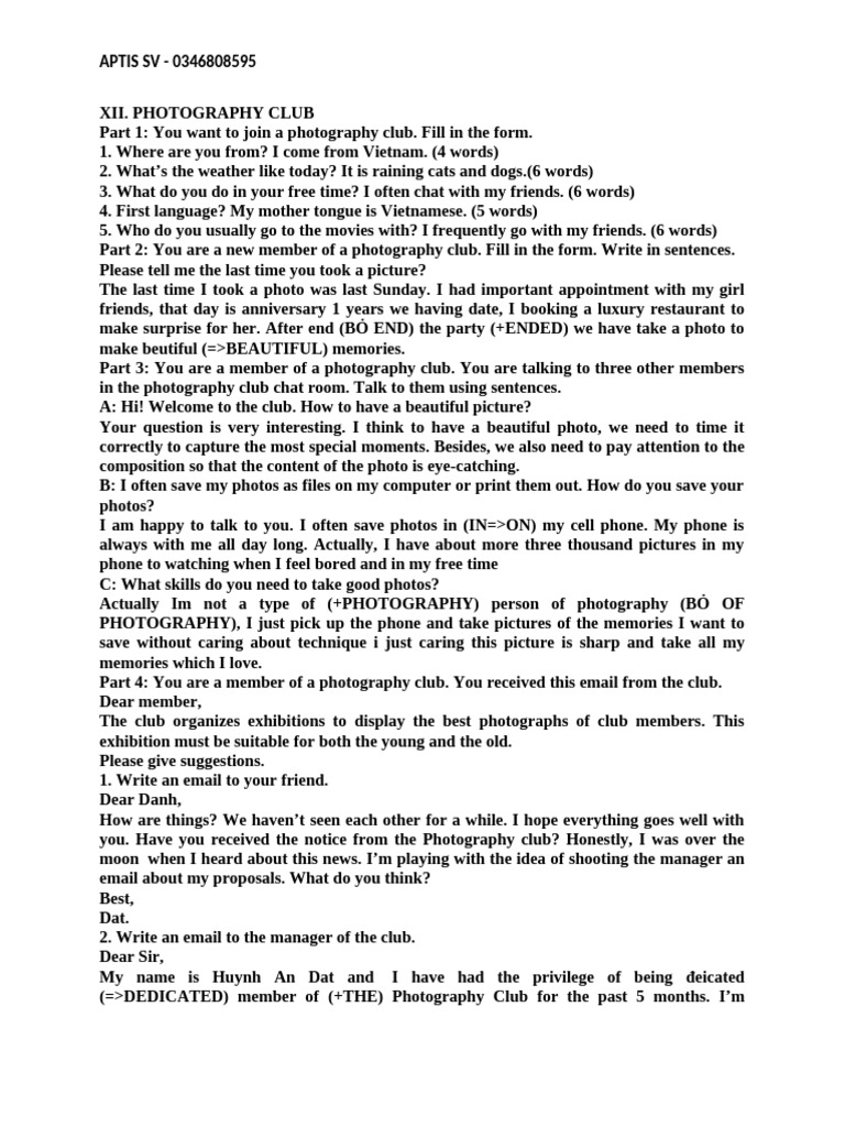 Photography Club Aptis SV Homework CH A | PDF