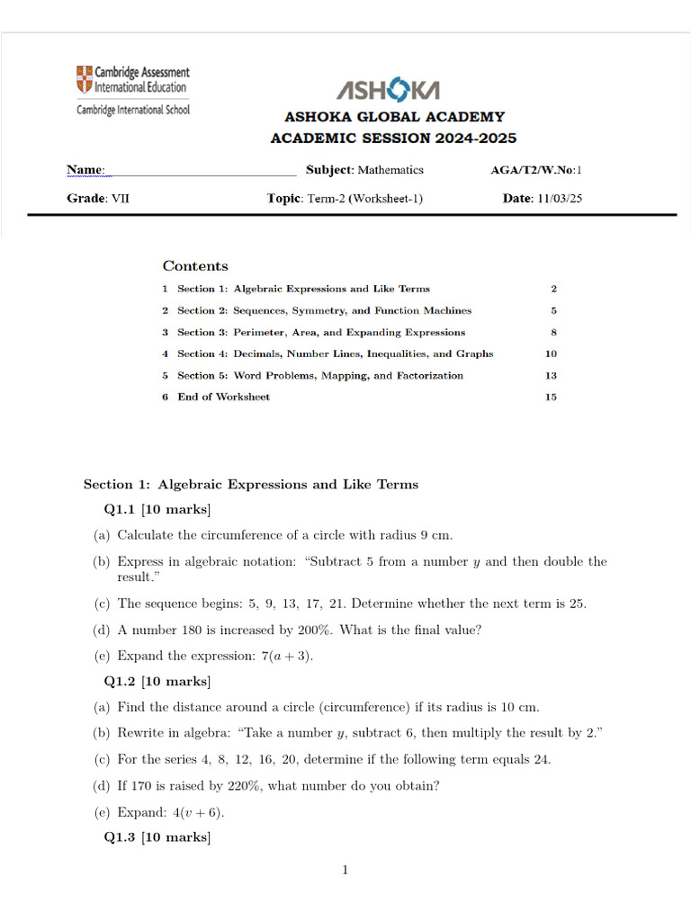 7th worksheet-1 term-2 | PDF | Area | Numbers