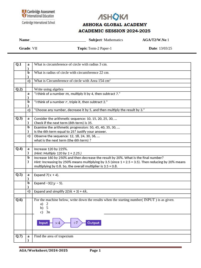 Class7 Paper-1 Worksheet | PDF | Multiplication | Arithmetic