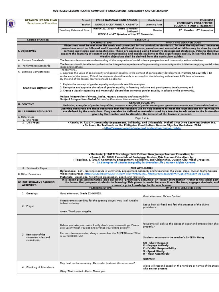 Gender Equality Lesson Plan for HUMSS | PDF | Gender Equality | Gender ...