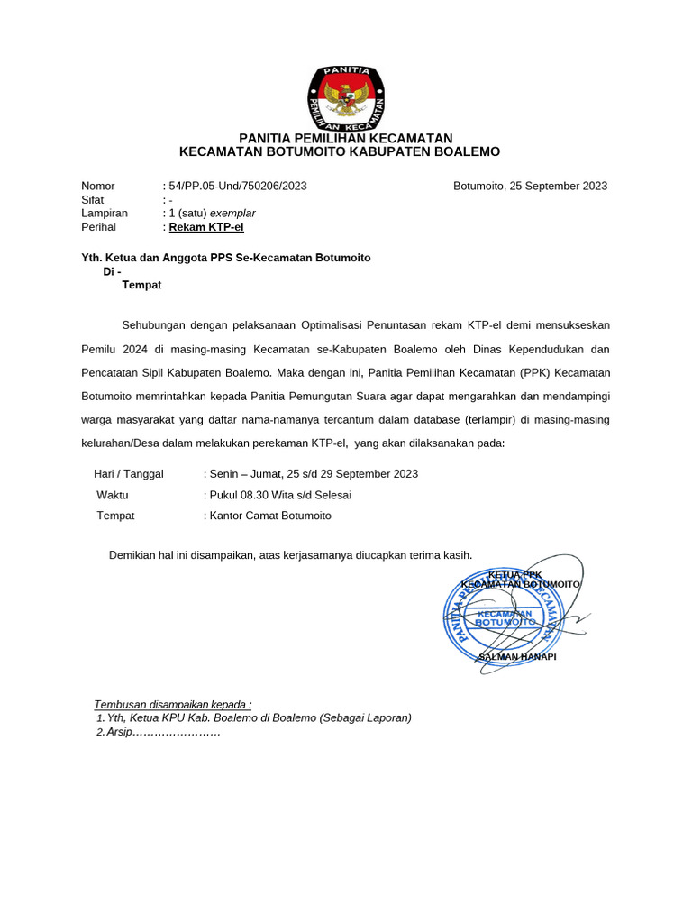 Rekam KTP-el Kecamatan Botumoito 2023 | PDF