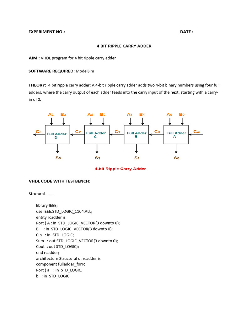 VHDL 4-Bit Ripple Carry Adder Code | PDF | Vhdl | Computer Engineering
