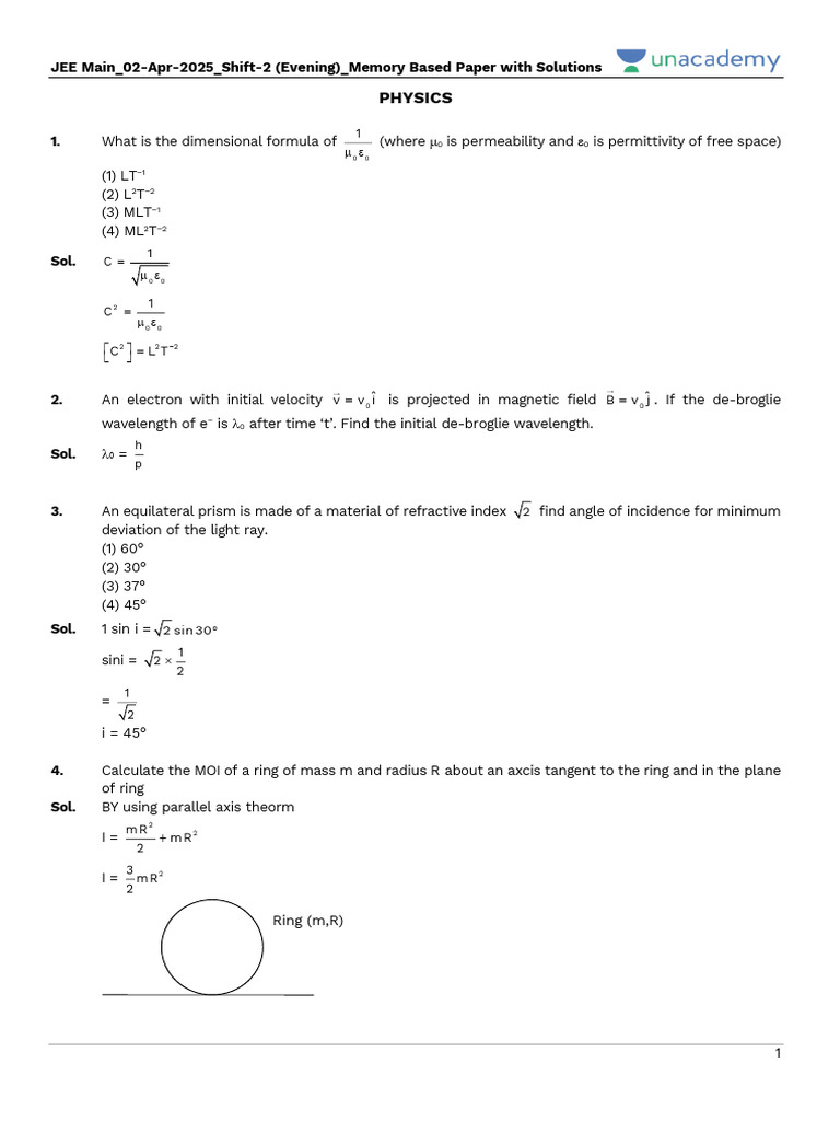 JEE Main 2025 Shift 2 Physics Solutions | PDF | Sun | Waves
