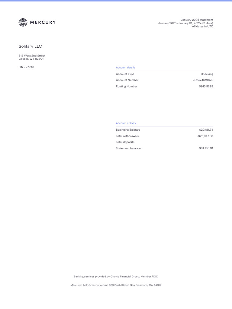 January 2025 Mercury Bank Statement | PDF | Banking | Financial Services